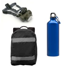 Kit ciclista caramayola 750cc+ Linterna para cabeza + cubre mochila